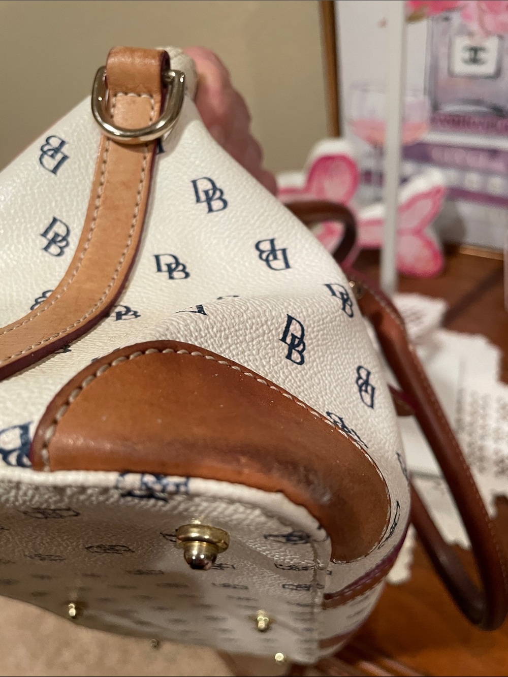 Dooney & Bourke White Logo Satchel with Brown Leather Trim - Picture 5 of 9